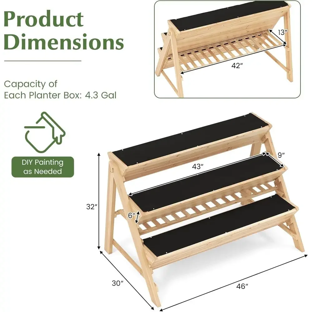 All-Weather 3-Tier Wooden Planter Box with Storage, Hanging Hooks, and Bed Liners for Patio Lawn