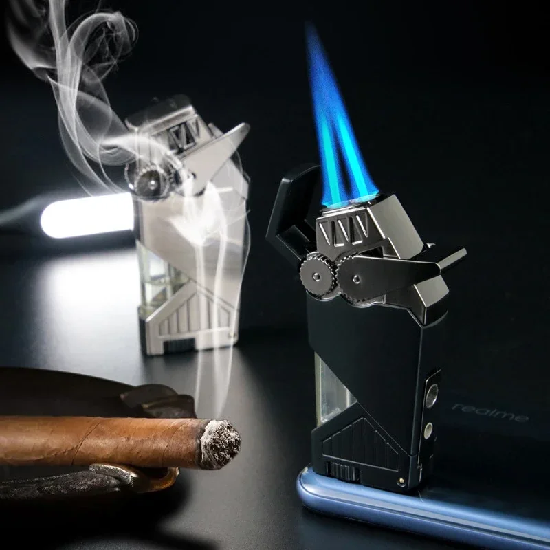 

Double Fire Jet Flame Metal Torch Lighter Pipe Lighter with Cigar Cutter Visible Window Windproof Smoking Accessories Men Gadget