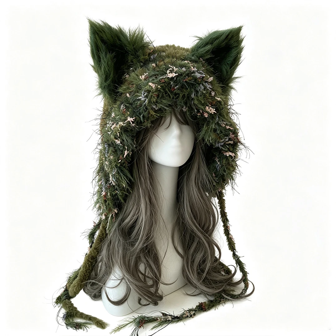 Custom Handmade Crochet Moss Green Fox Ear Hat Women Plush Floral Knitted Beanie Men Goblincore Cosplay Forest Winter Warm Hood