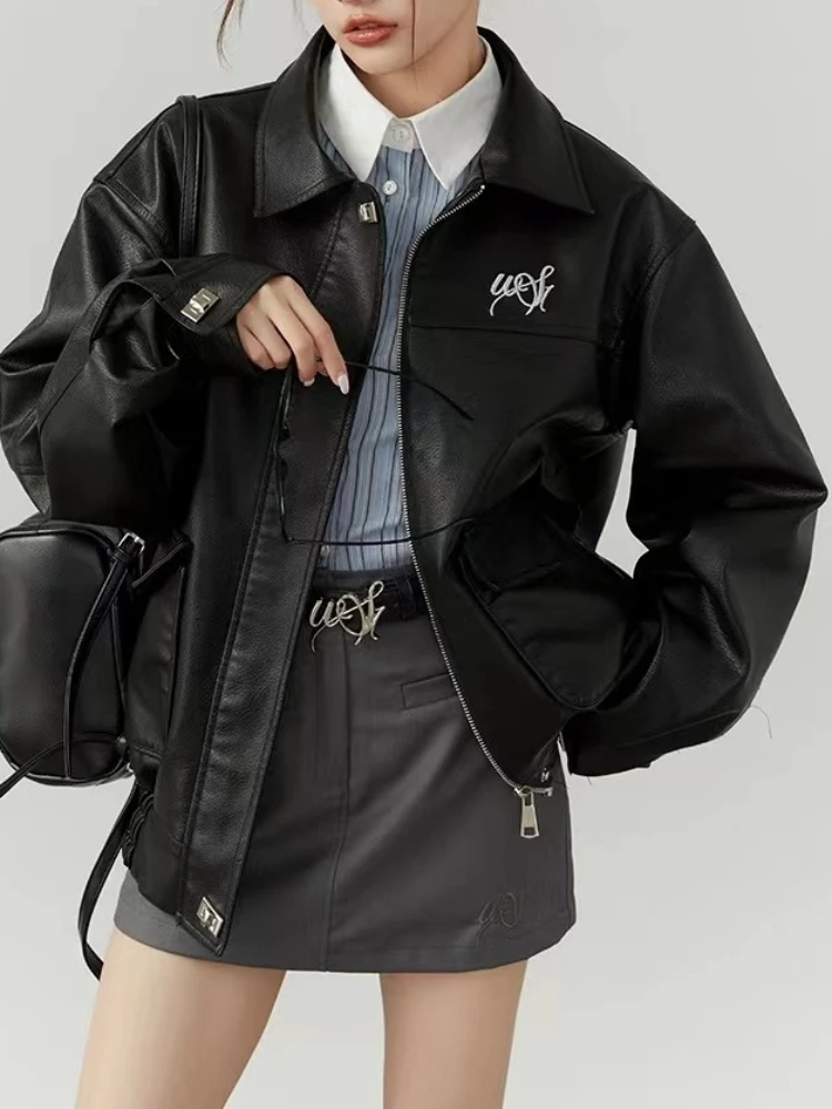 Chaqueta de cuero negro con cremallera para mujer, abrigo de motorista de moda Punk coreana, ropa de calle suelta, abrigo de cuero de diseñador