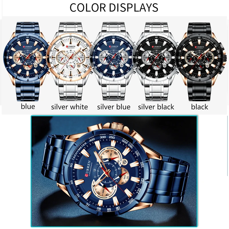 CURREN Men\'s Watch Casual Sports Chronograph Stainless Steel Strap Large Dial Quartz Waterproof Luminous Clock Relogio masculino