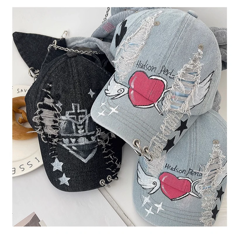 Cyberpunk Graffiti Love Wings Denim Ripped Rabbit Ears Baseball