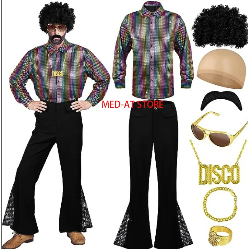 Men\'s 70s Disco Costume Sequin Bell Bottom Pants Mens Bootcut Trousers with Wig Sunglasses Disco Necklace for Party