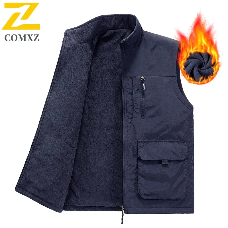 COMXZ New Autumn Winter Mens Vest Reversible Fleece Outdoor sports Workwear Waterproof Vest Multi Pocket lightweight Waistcoat
