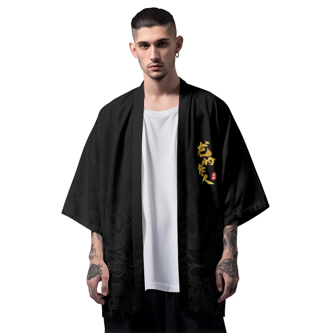 Chinese Style Dragon Print Traditional Black Red Kimono Japanese Beach Cardigan Tops Women Men Cosplay Haori Asian Clothing