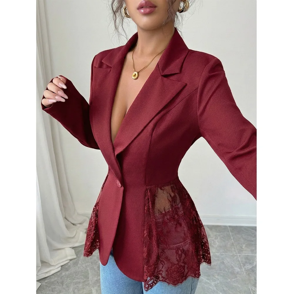 Women Elegant Blazer Suits Ladies Spring Autumn Long Sleeve Single Button Jackets Coats with Lace Hem