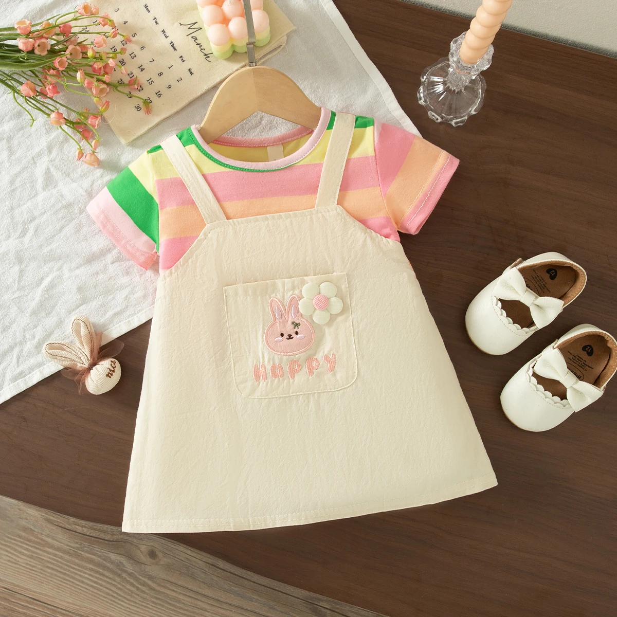 Girls Daily Casual Wear Cute Cartoon Embroidered Rainbow Striped Short Sleeved Dress Summer Baby Girl Dress