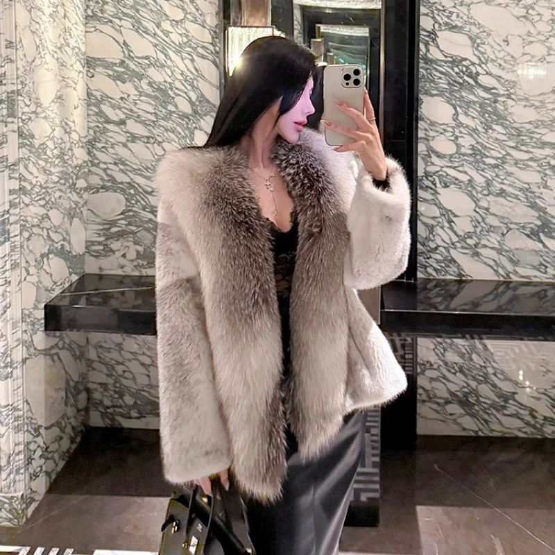 YOLANFAIRY 秋冬 輸入 フォックスファー襟 ミンクファーコート Vネック 長袖 通勤スタイル ファーオーバーコート 2025