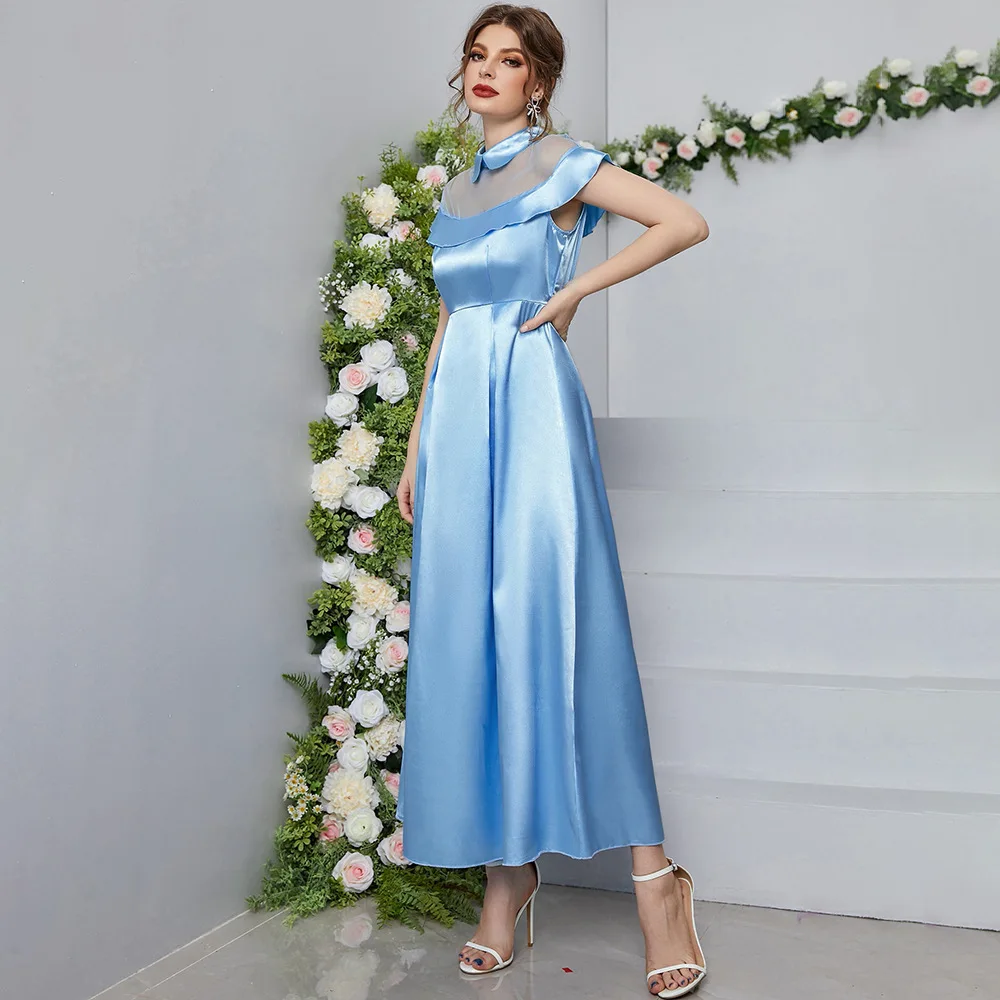 ZTY-21527 Women's Summer Girl Bright Blue Mesh Long Dress High Waist A-line Skirt