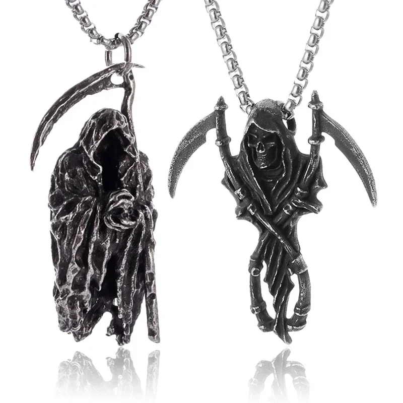 Vintage Gothic Grim Reaper Double Scythe Skull Pendant Hell Demon Necklace Mens Halloween Rock Party Punk Jewelry Gifts