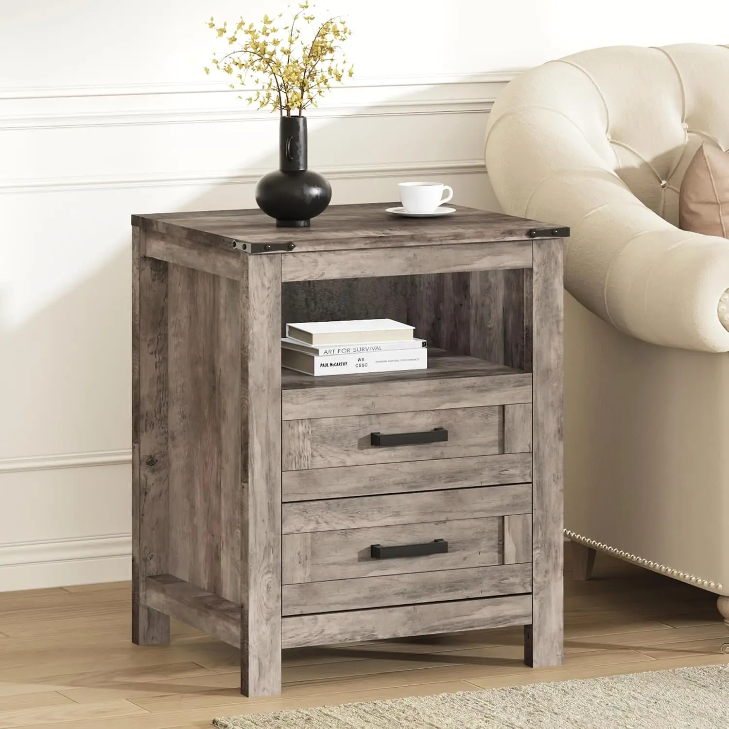 Farmhouse End Table, 18” Wooden Side Sofa Table with 2 Drawers and Open Storage Compartment, Retro Accent Bedside Table for Smal