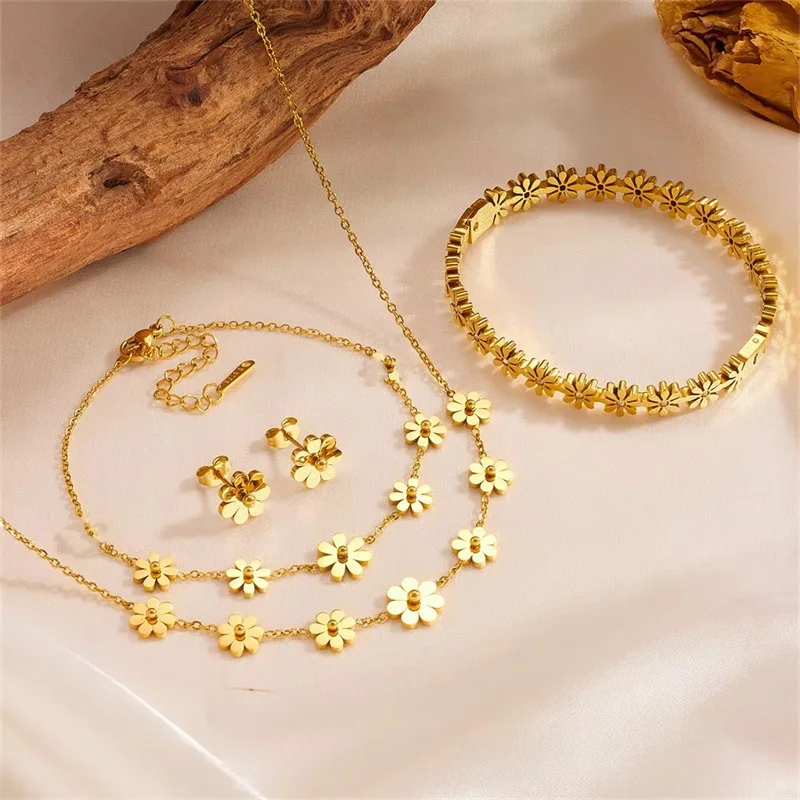 EILIECK 316L Stainless Steel Heart Flower Zircon Necklace Bracelet Earrings Set For Women Trendy Waterproof Jewelry Holiday Gift