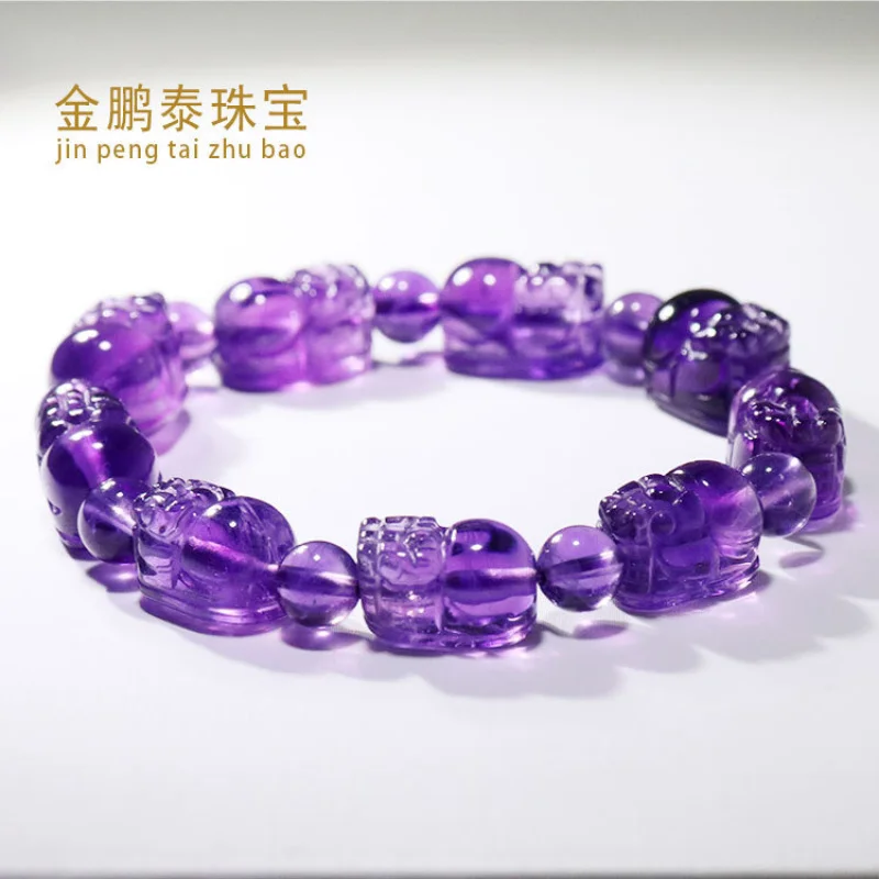 Natural Amethyst Men and Women, Pixiu Single-Loop Buddhist Bead Ethnic Style Jewelry Bracelet