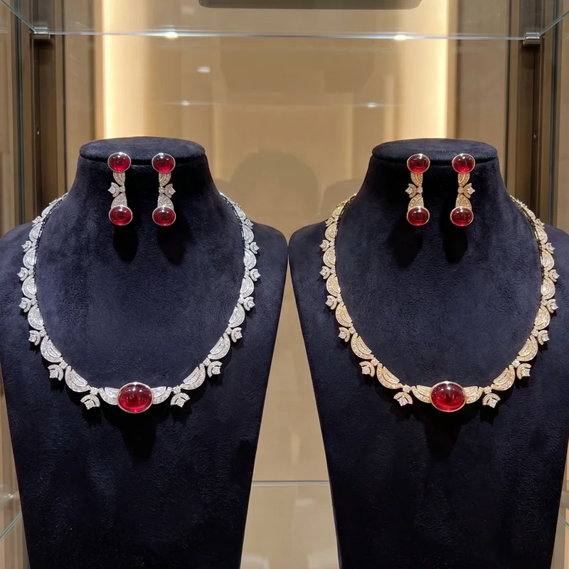 

Europe America Style Earrings Necklace Women Lady Inlay Cubic Zircon Synthetic Ruby Plated Gold Color Party Jewelry Sets