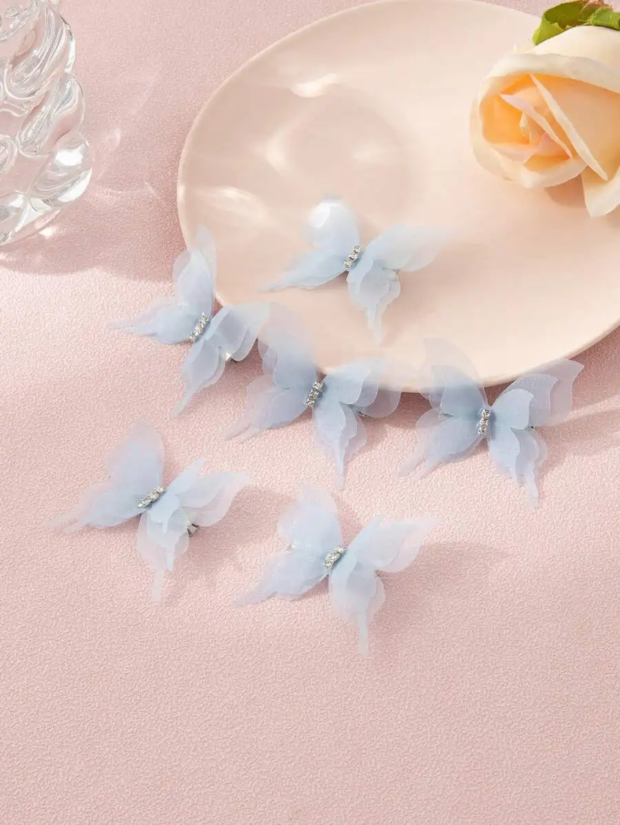 

6pcs Sheer Lace Butterfly Hair Clips With Rhinestones For Women Daily Wear Party Accessories