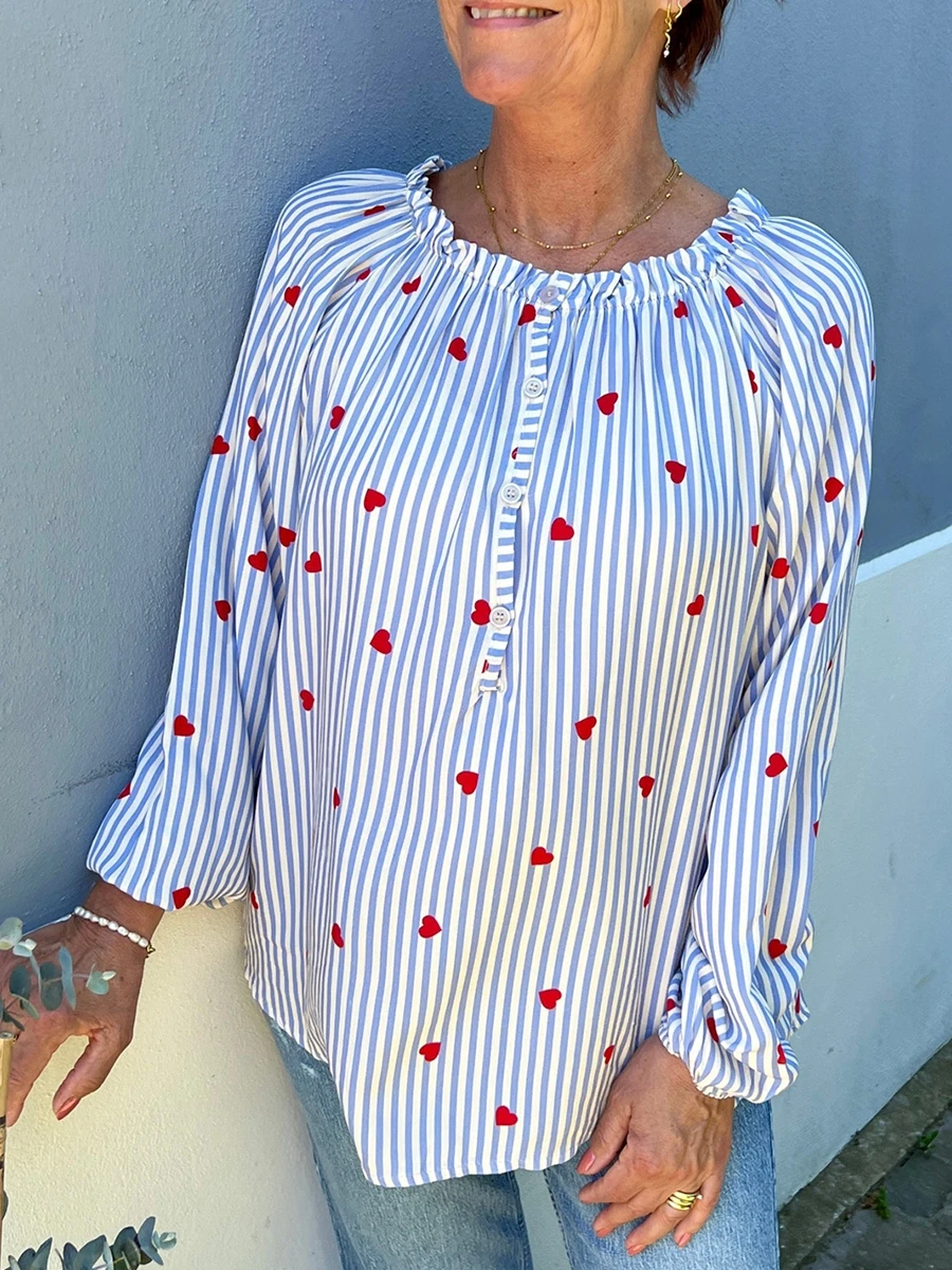 Women’s Fashion Heart Stripes Print Tops Long Sleeve Ruffles Round Neck Loose Buttons Henley Shirts Spring Fall Casual Blouses