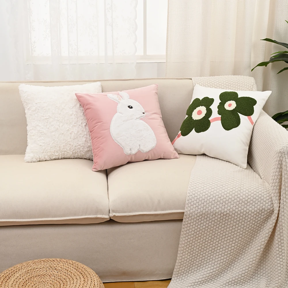 BUYNOW Bestickter Hasen-Kissenbezug aus Samt, Plüschiger Kuschel-Kissenbezug, Sofa-Polsterung, Komfortables Dekoratives Kissen – Detail 5