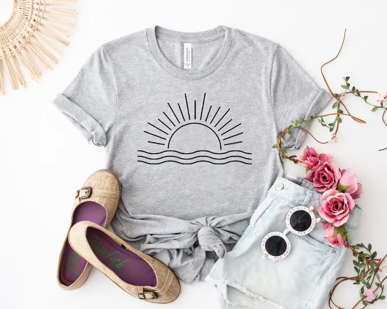 T-shirt d'été pour femme, estival, avec image de soleil et de nature