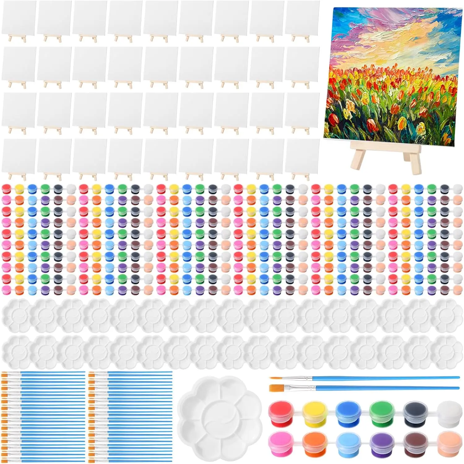 

36 Set 6 x 6 Inch Mini Canvas Boards with Easel Painting Kit, Acrylic Paints Strips, Brushes, Palette, Oil Art Set for A