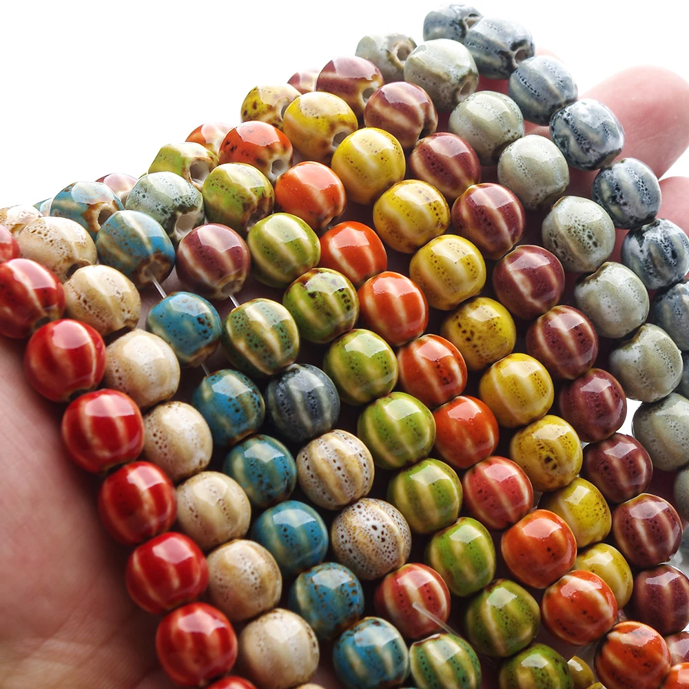 28pcs Pumpkin Shape Stripe Ceramics Beads Round Glaze Beads For Jewelry Making Loose Spacer Beads DIY Bracelet Necklace