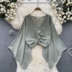 Retro Flare lool Sleeve v neck knot chiffon Blouse Slim Sexy Shirt Women summer Gothic sweet Fashion crop Top