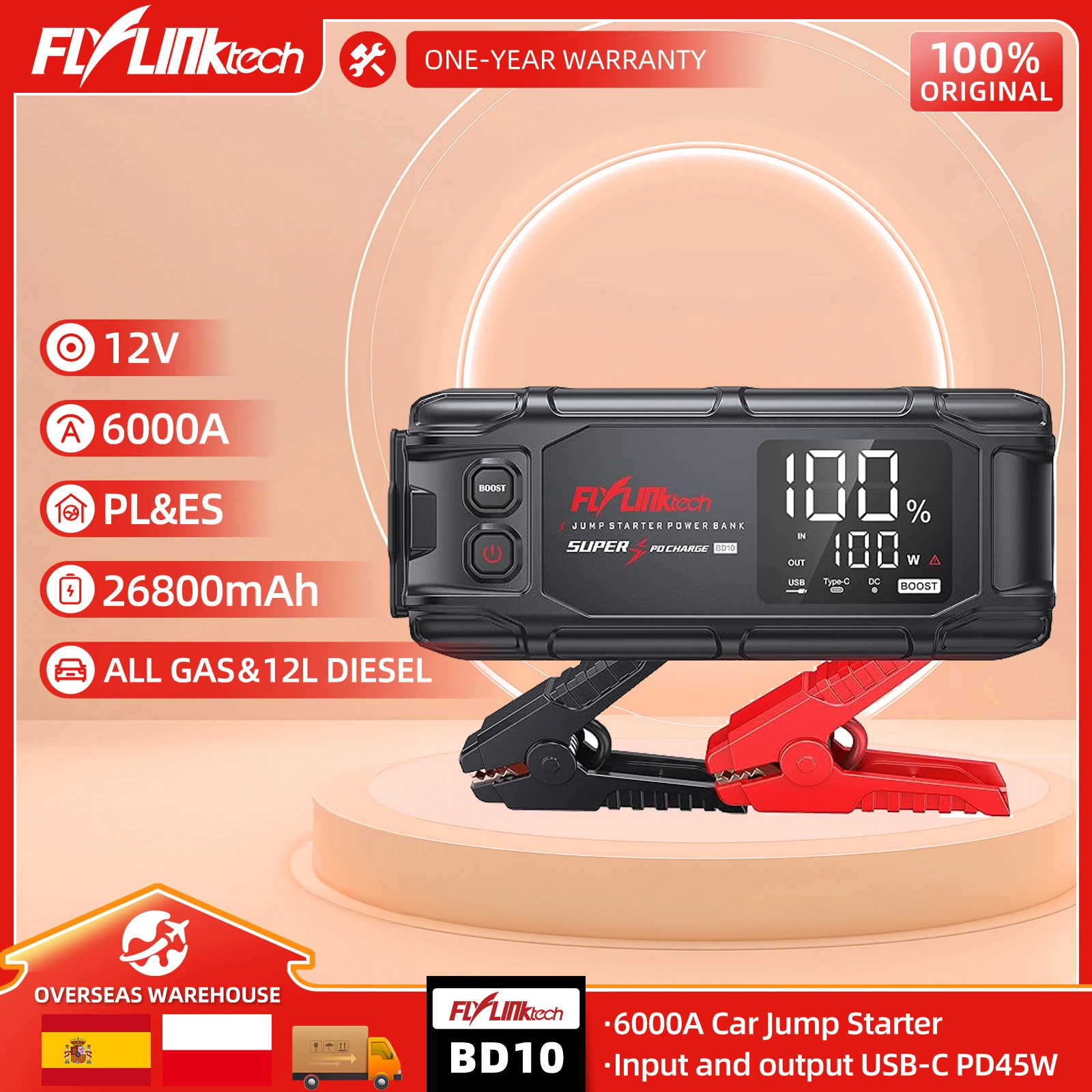 FLYLINKTECH 6000A arrancador de batería de coche 26800mAh banco de energía PD45W entrada y salida carga rápida dispositivo de arranque de refuerzo de emergencia para coche de 12V