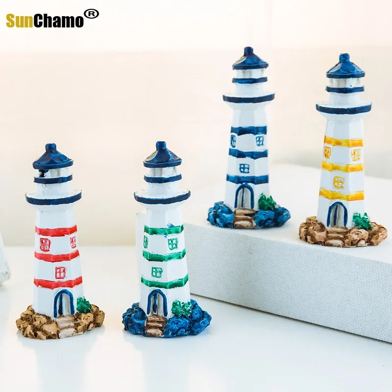 Creative Mediterranean Style Ornaments Mini Resin Painted Small Lighthouse Stone Fish Tank Gadgets Decorations Home Desk Decor