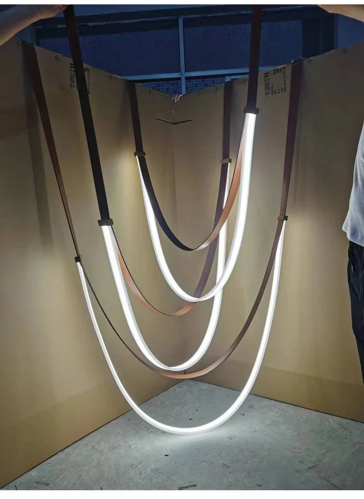 

Industrial Long Leather Ceiling Chandelier Designer High Suspension Light Kitchen Island Home Loft Modelling Staircases Light