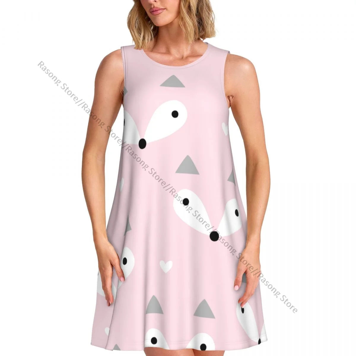 Women's Dress Summer Casual T Shirt Dresses Beach Cover up Pastel Fox Pattern Tank Dress