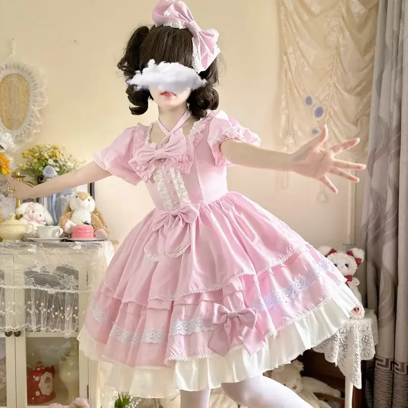 Japanese High School Students Spring Summer Style Vintage Pastoral Op Short Sleeve Dress Girl Lolita Vestidos Princess Tea Party