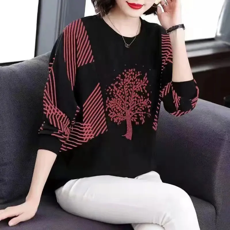 Fashion Loose Diamonds Spliced Pullovers T-shirt Spring Korean All-match Long Sleeve Solid Printed Tops Women's Clothing