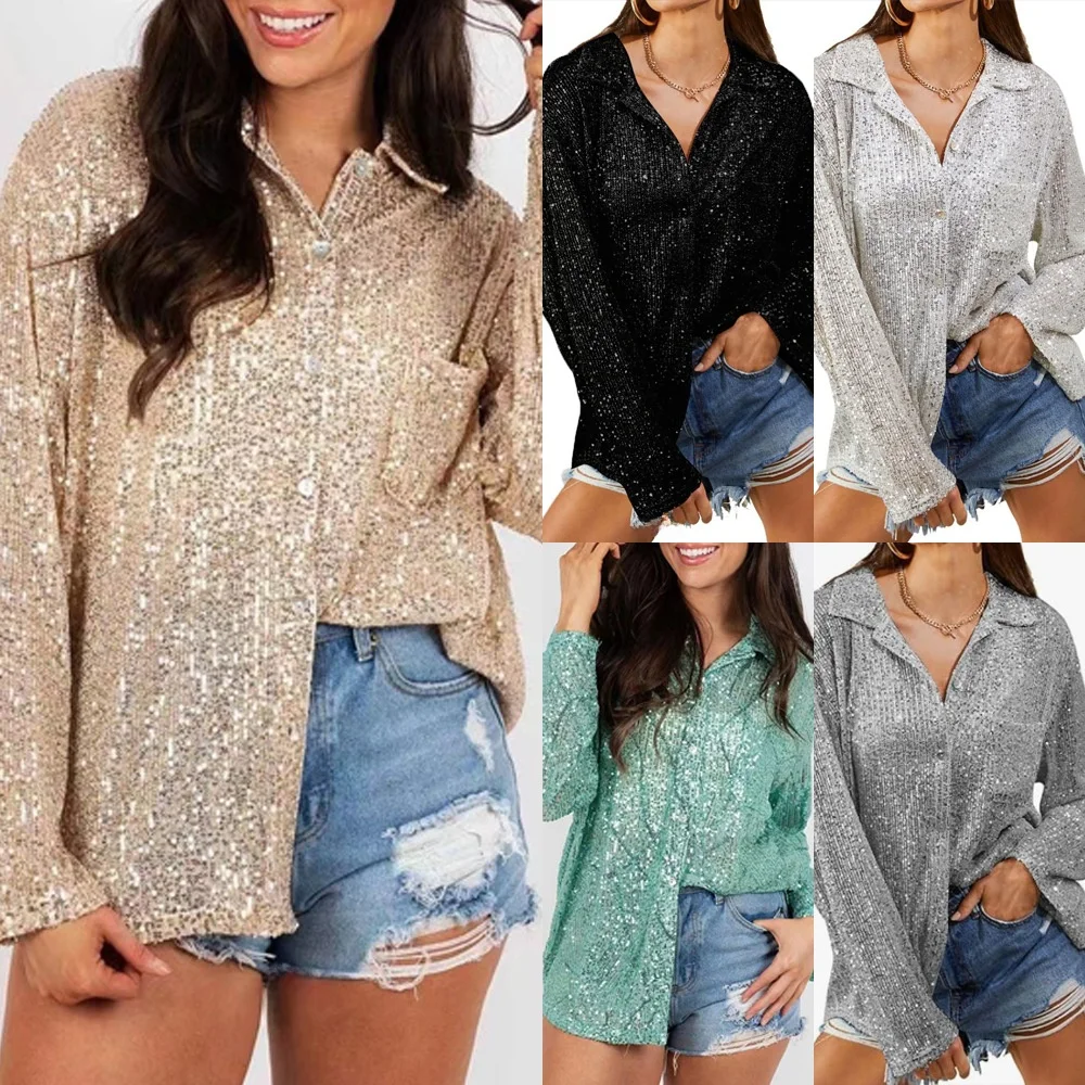 

Faionable Sequin Long Sve Turn-down Collar Casual irt Autumn 2025 Women's Premium Clothing Commute Sle Other Material