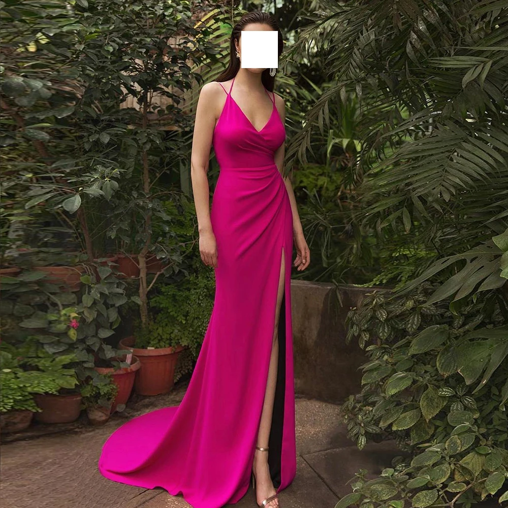 

V Neck Floor Length Pink Sleeveless Straight Evening Dress Sexy Jersey Saudi Arabia Court Train Pleats Special Occasion Gowns