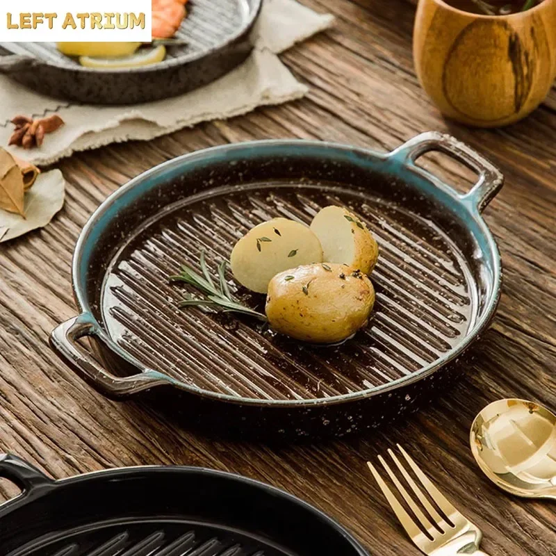

Double Ear Horizontal Texture Disc Ceramic Flat Plate Baking Plate Barbecue Plate Steak Plates Molecular Cooking Retro Tableware