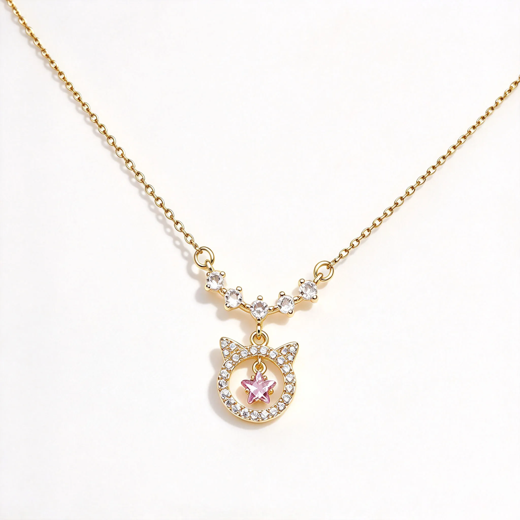 omen Gold Stainless Steel Necklace Pink CZ Star Cat Pendant Hypoallergenic Waterproof Dainty Daily Wear Neck Jewelry