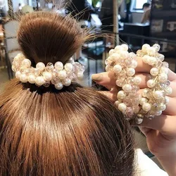 Women Shiny Crystal Pearl Hair Ring Handmade Elastic Beaded Ponytail Holders for Elegant Girl Fashion Hair Accessories