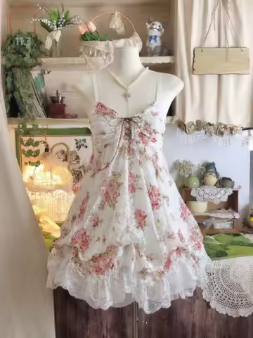 Vintage Florla Lace Mini Dress Women Sleeveless Retro Japanese Kawaii Lolita Style Evening Party Casual 2000s Summer Dress