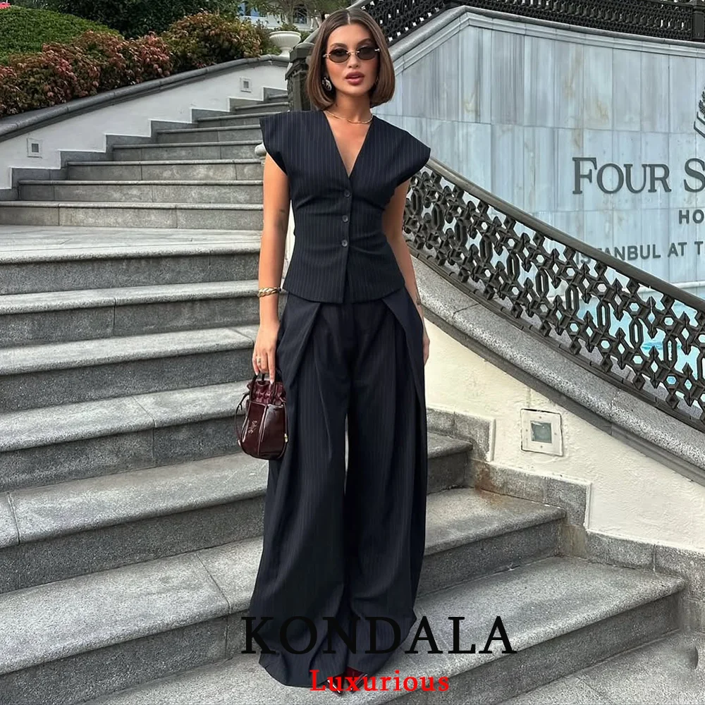 KONDALA خمر مخطط طباعة النساء الدعاوى الخامس الرقبة أزرار ضئيلة سترة عالية الخصر بنطال ذو قصة أرجل واسعة موضة 2025 الخريف مكتب الدعاوى