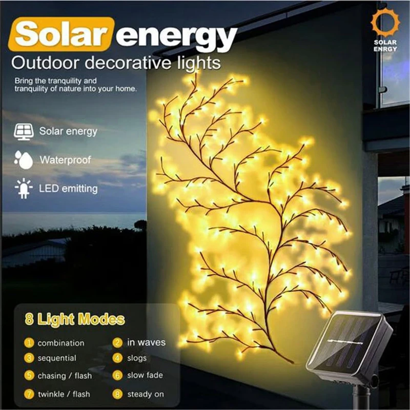 96 LEDS Solar Willow Vine Light Outdoor Waterproof String Fairy Light 8 Lighting Modes For Wall Balcony Garden DIY Decorations