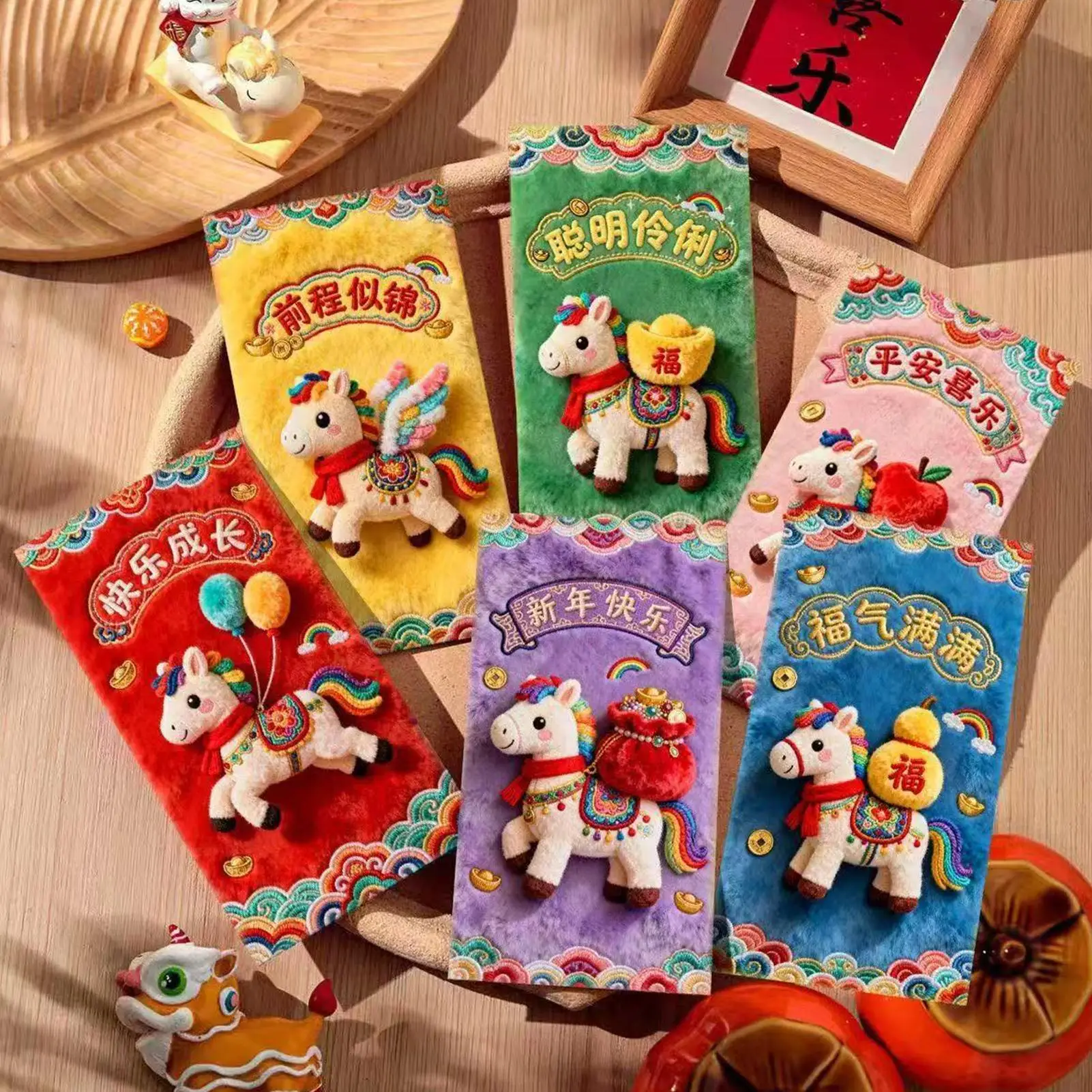 6 Teile/satz Rote Geld Umschläge 2026 Jahr des Pfers Gesticktes Rotes Paket Neujahr Kinder Glück Geld Brieftasche