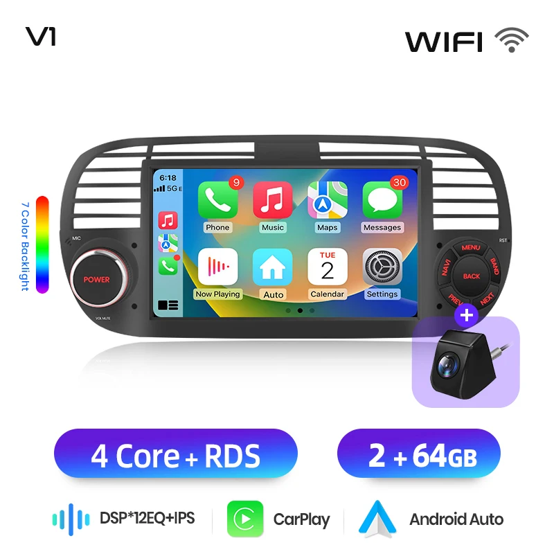 Junsun 7 inch Android autoradio voor Fiat 500 2007 - 2015 draadloos voor Apple CarPlay Auto IPS touchscreen stereo multimediaspeler automotive slimme intelligente systemen 2 Din autoradio head unit