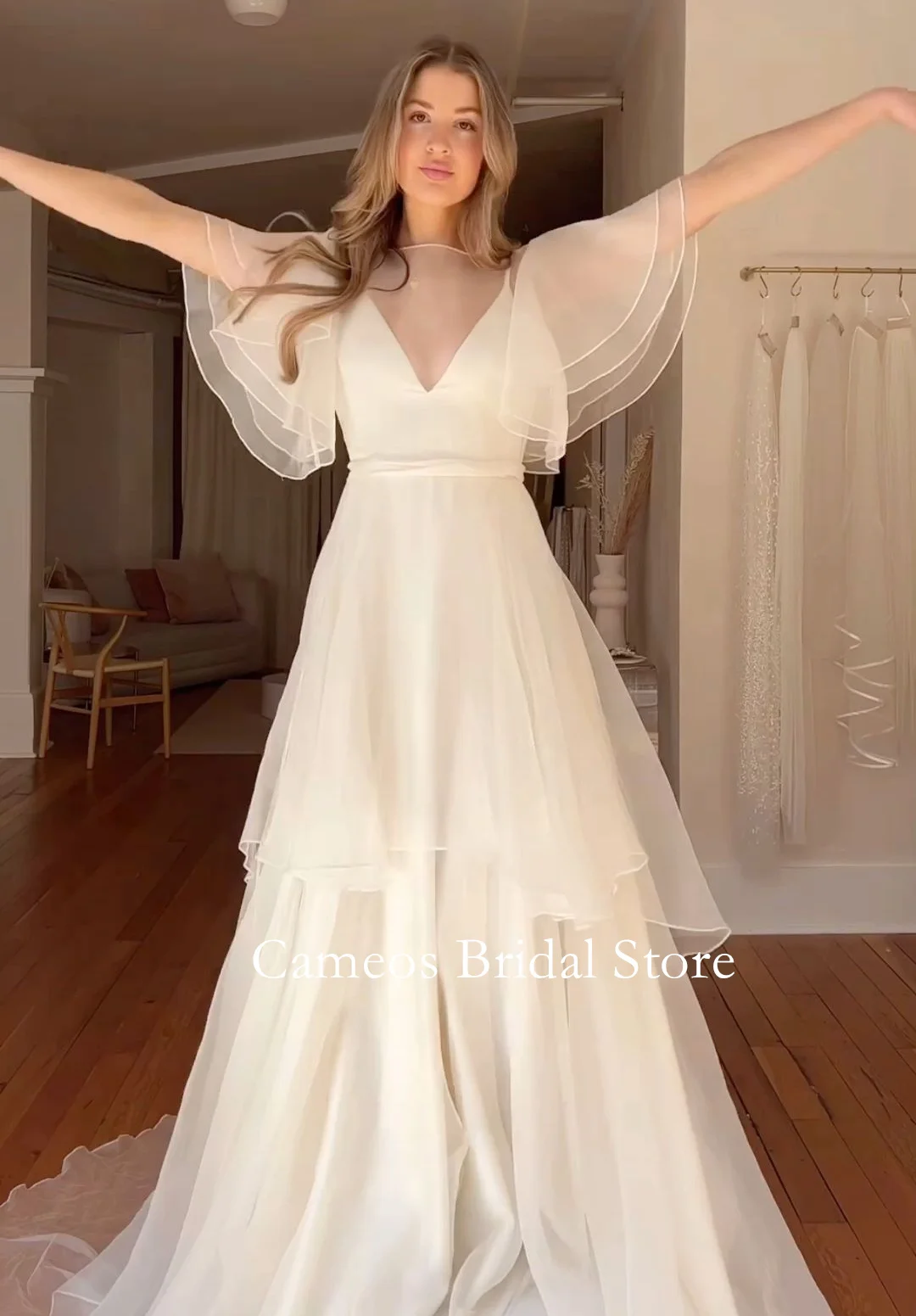 Cameos Fashion كوريا طبقات الأكمام الأورجانزا فساتين الزفاف الخامس الرقبة الطابق طول صورة تبادل لاطلاق النار مشد ثوب الزفاف مخصص