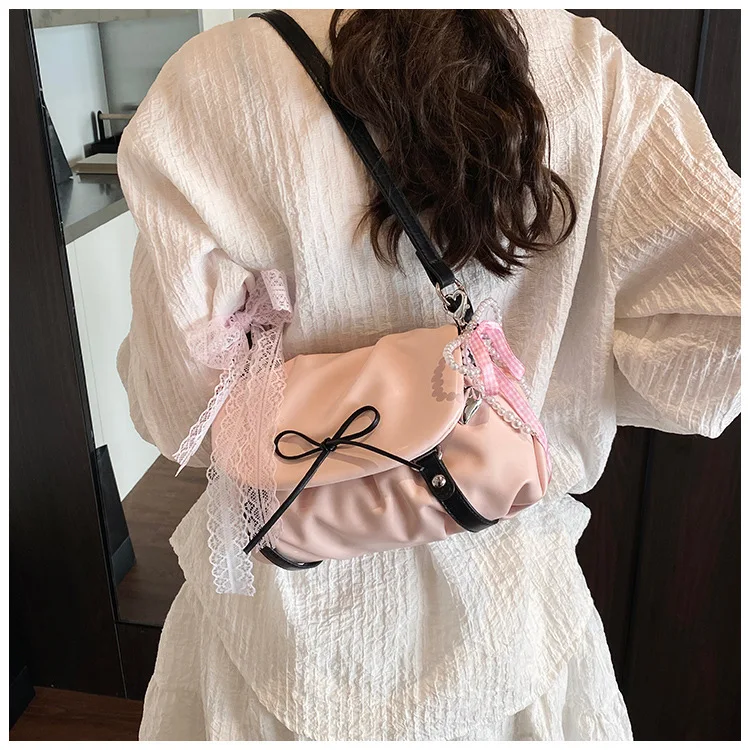 Women Shoulder Bag Fashion Ballet Y2K Soft Pu Leather Crossbody Bag Bow Casual Portable Underarm Pouch Retro Handbag