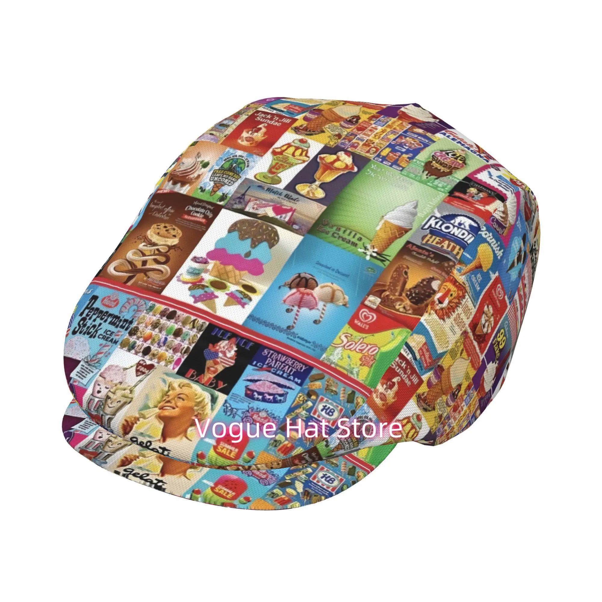 2D Flat - 1pc of Ice Cream-Themed Poster Puzzle, Featuring an All-Over Print Beret. This Retro Newsboy Cap Is Unisex And an Esse