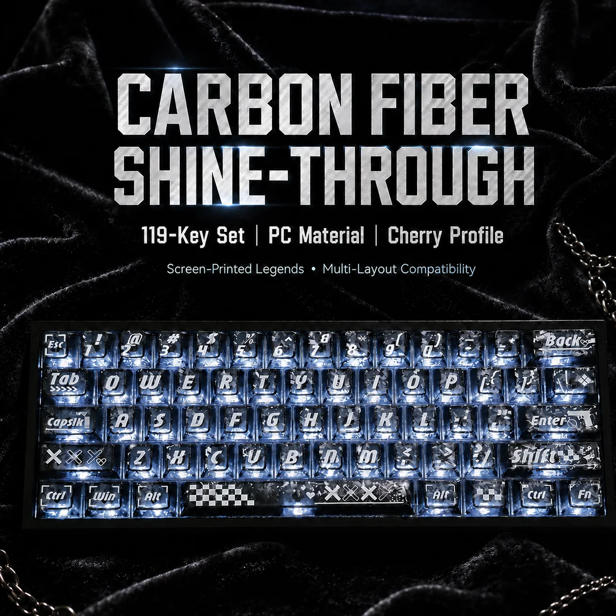 Printing set carbon fiber transparent key cap PC material screen printing process 119 key original high mechanical keyboard cap
