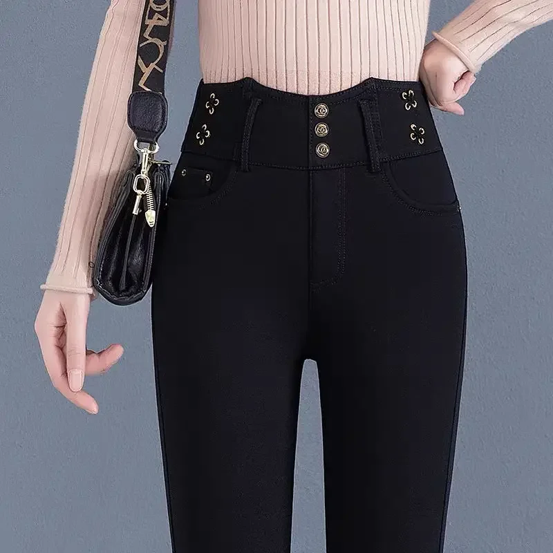 

Elastic High Waist Jeans with Arctic Plush Autumn Winter New Solid Button Zipper Fashion Slim Black Straight Pencil Pants Z245