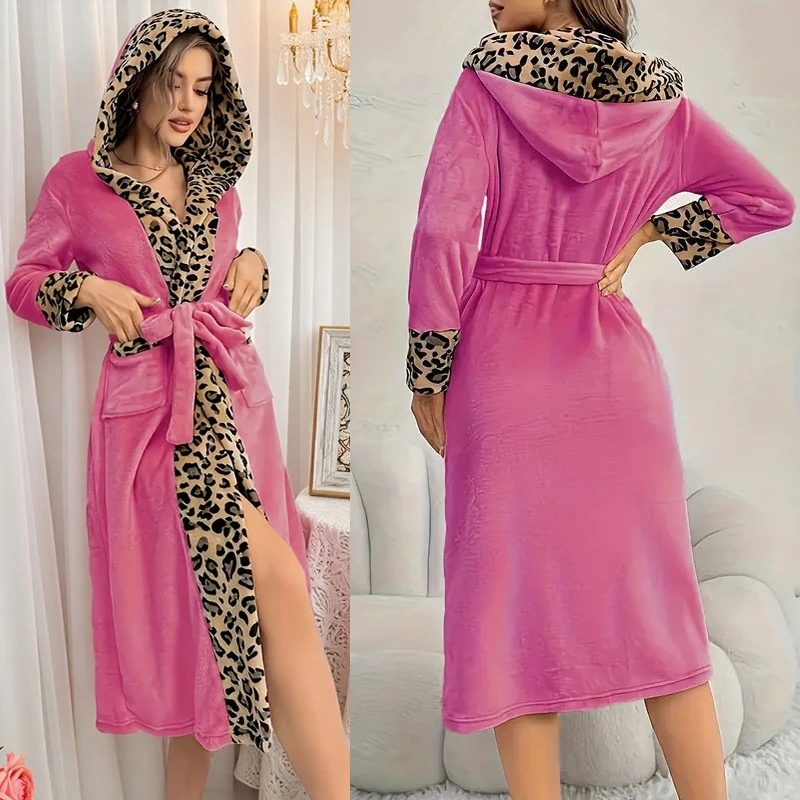 

Женский зимний теплый плюшевый халат с капюшоном, фланелевой лоскутный леопардовый халат, удобный халат с длинными рукавами и поясом, мягкая домашняя одежда, одежда для сна