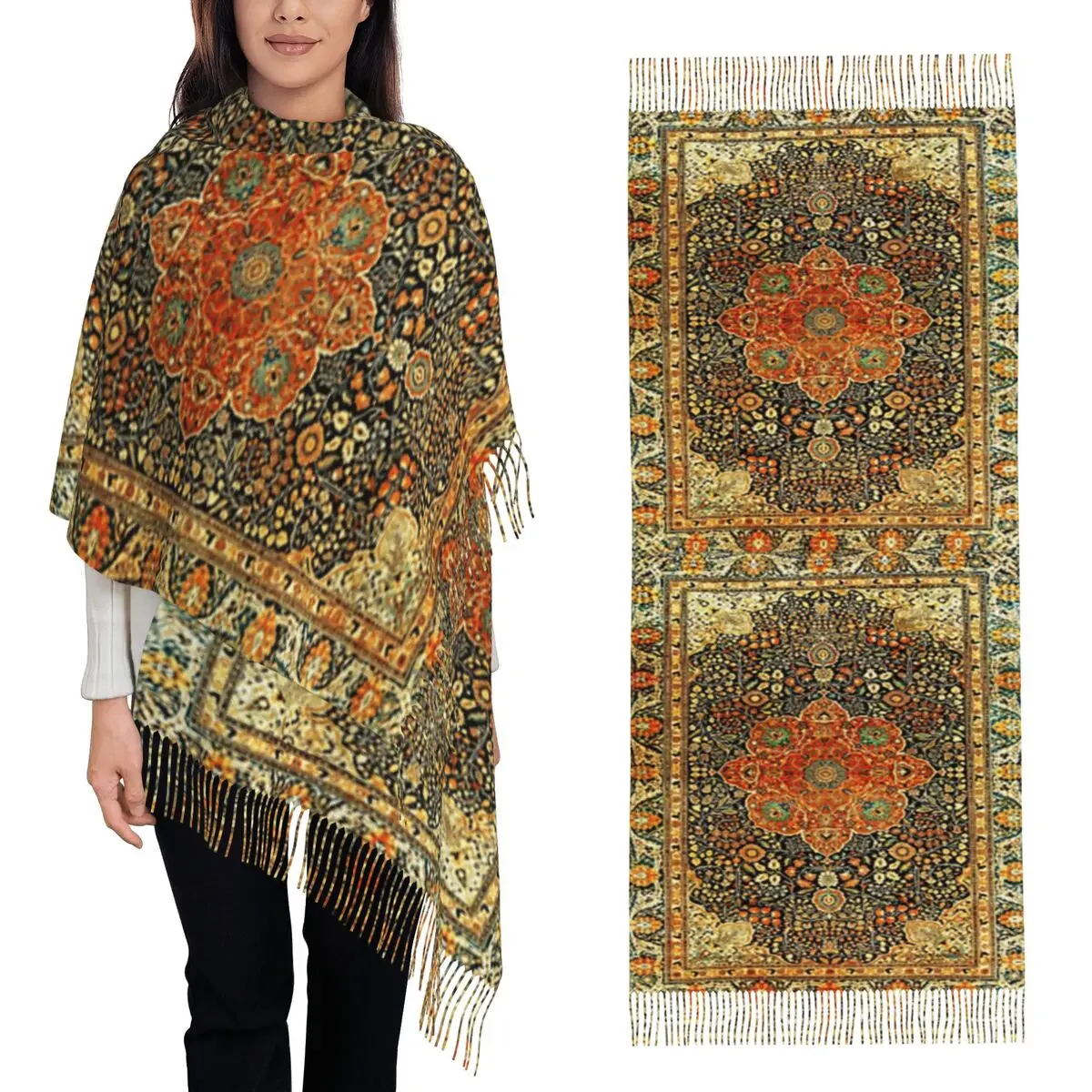 

Антикварный персидский мохэм Кашанский ковер, шарф с принтом, шарфы с кисточками для женщин, мягкие теплые шали и накидки, длинная осенне-зимняя шаль, накидка