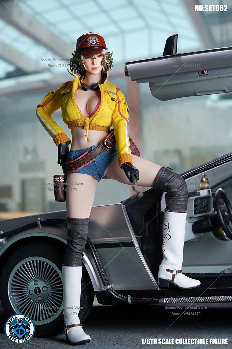 SUPER DUCK SET082 1/6 Female Soldier Sexy Mechanic Head Sculpt Yellow Jacket Denim Shorts Clothes For 12'' TBLAction Figure Body