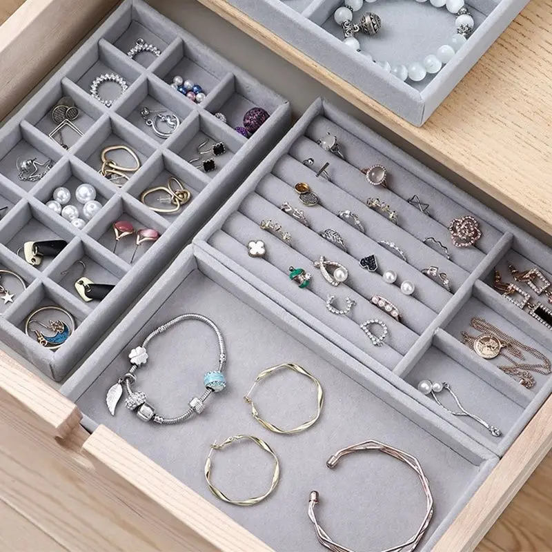 Bandeja de joyería apilable de terciopelo suave, caja de almacenamiento de exhibición de Joyas, caja organizadora portátil para anillos, pendientes